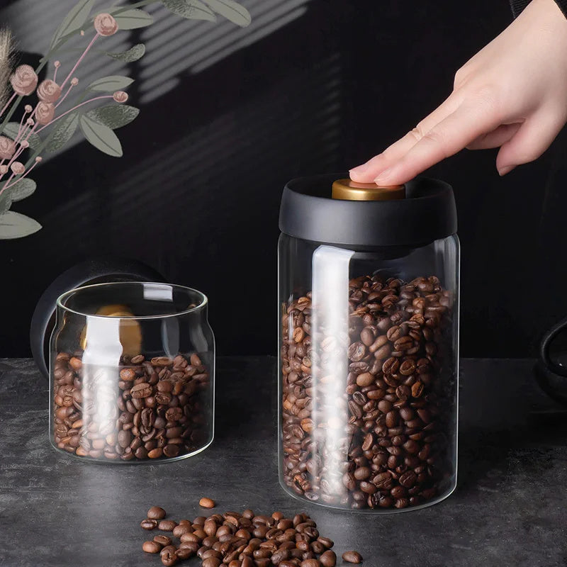Vacuum Sealed Jug Set Black Coffee Beans Glass Airtight Canister