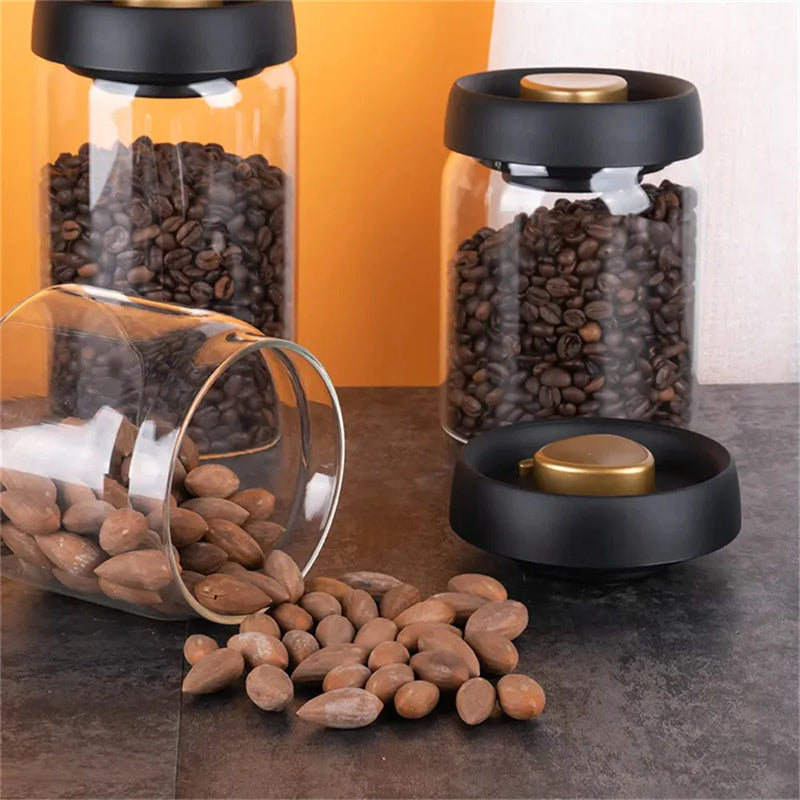 Vacuum Sealed Jug Set Black Coffee Beans Glass Airtight Canister