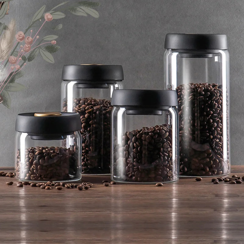Vacuum Sealed Jug Set Black Coffee Beans Glass Airtight Canister